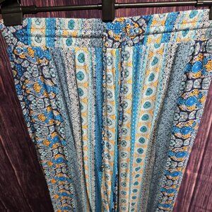 Knox Rose Boho Wide Leg Pants Blue Teal Orange Print Size M
